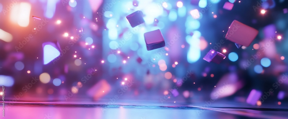 Aufkleber abstract glowing cubes and bokeh lights falling on reflective surface.
