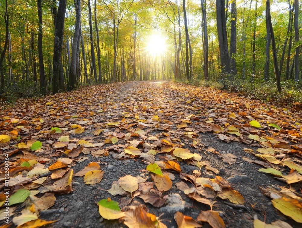 Aufkleber tranquil forest pathway in autumn with golden sunlight filtering through trees illuminating colorful