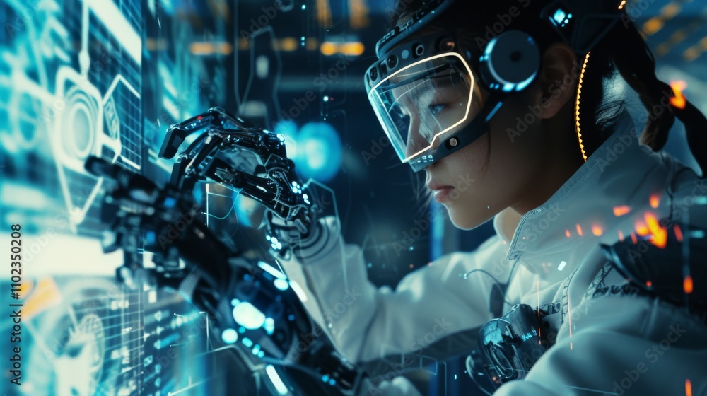 Poster a young woman interacts with a high-tech virtual interface, using robotic gloves and augmented reali