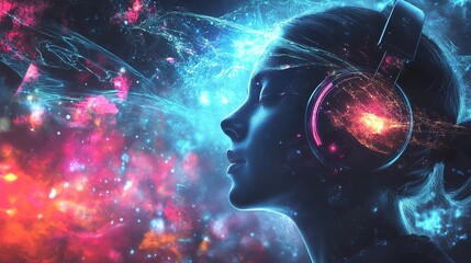 A vibrant digital depiction of a person wearing headphones, surrounded by colorful cosmic elements, suggesting a connection between music and the universe.