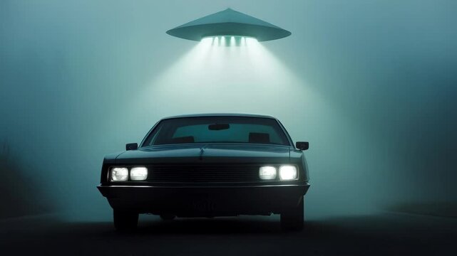 Car under UFO lights in fog. Science fiction scene
