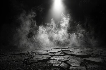 Grunge floor with smoke in dark room  broken asphalt street