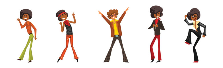 People Character in Retro Style Clothes Dancing Disco Vector Set