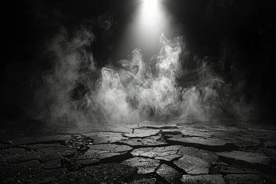 Grunge floor with smoke in dark room  broken asphalt street