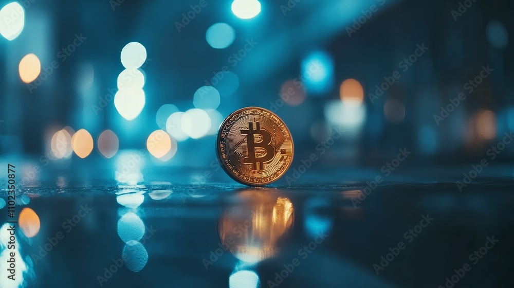 Poster Gold bitcoin standing on wet asphalt at night with city lights bokeh effect reflecting on the ground creating a modern and futuristic atmosphere related to cryptocurrency and finance