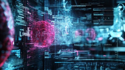 A futuristic digital scene depicting virus-like structures against a backdrop of glowing data streams and coding, representing technology and biology.