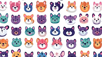 Colorful Cartoon Animal Faces Pattern with Diverse Expressions for Kids' Designs, Crafts, and Fun Backgrounds in a Whimsical Style