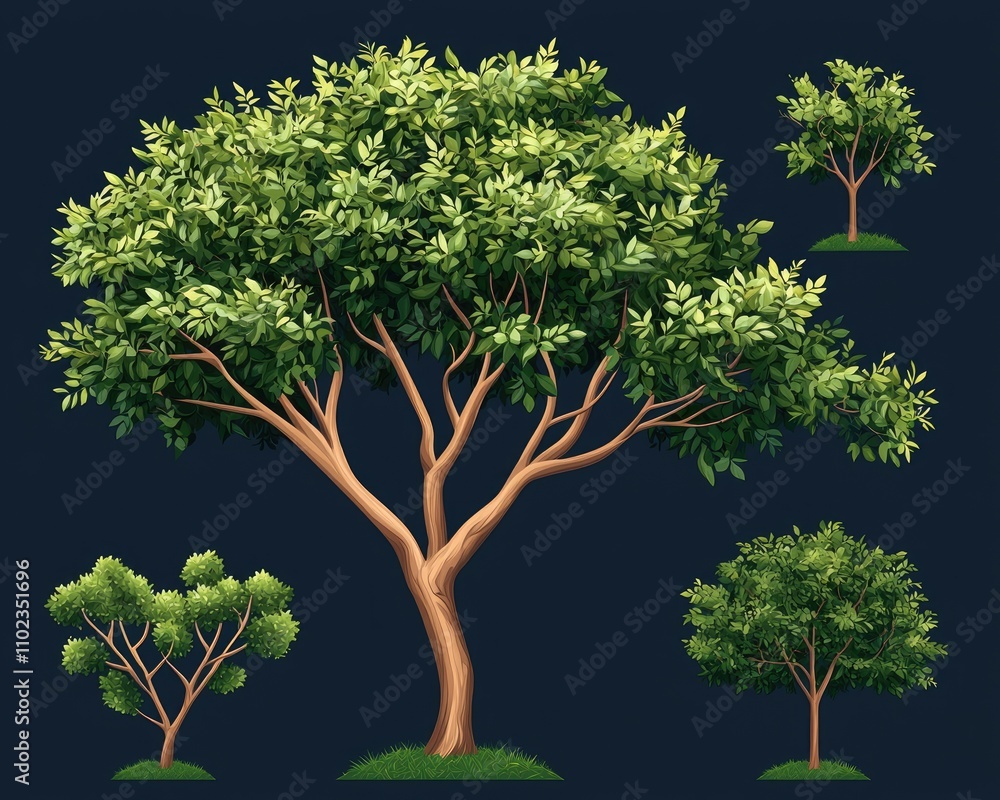 Poster a collection of realistic tree illustrations with different shapes and textures for nature and lands
