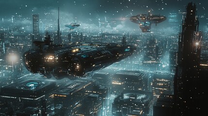 A futuristic cityscape with flying ships amidst glowing skyscrapers and a misty atmosphere, showcasing advanced technology and an otherworldly vibe.