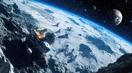 A spacecraft orbits a cratered lunar surface, with Earth and distant planets visible in the backdrop of a starry space scene.