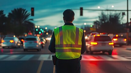Highway patrol officer controlling road traffic in a bright neon vest, standing at a busy intersection, directing vehicles for smooth movement, representing public safety.