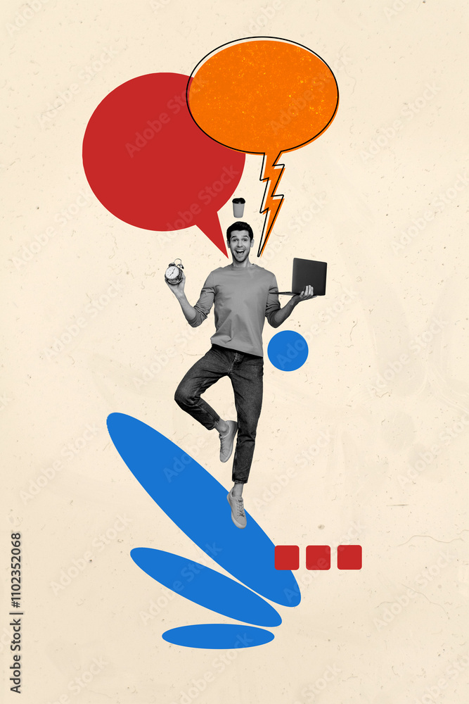 Aufkleber trend artwork composite 3d photo collage design of speech cloud network empty space young man stand 