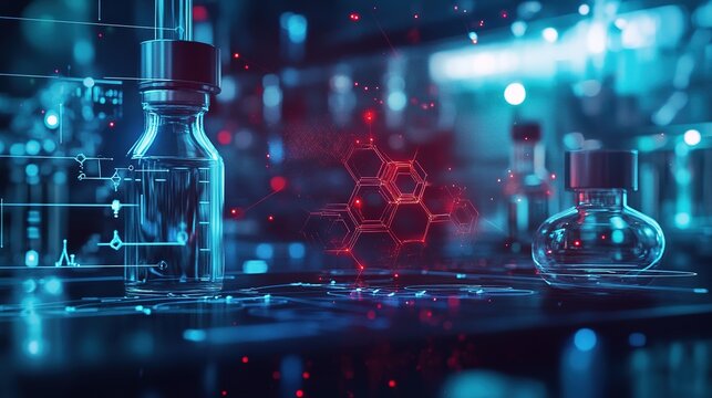 A futuristic laboratory scene featuring glass containers and digital molecular structures, illuminated with blue and red lights. - Powered by Adobe