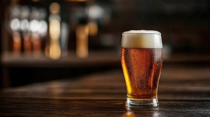 Vintage Pint Glass of Beer with Foam and Condensation