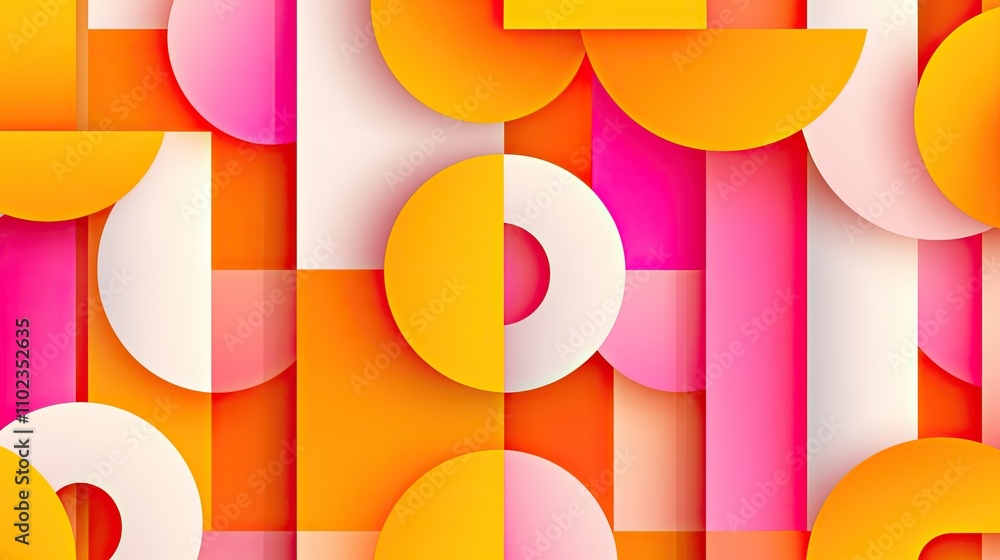 Poster abstract geometric pattern with circular and rectangular shapes in vibrant orange, pink, and white t