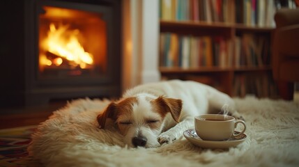 A cozy dog sleeping peacefully by the fireplace with a warm cup beside. Perfect for a relaxing home environment.