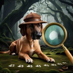 Dog detective wearing a detective hat lies on mossy forest ground, inspecting paw prints with a large magnifying glass