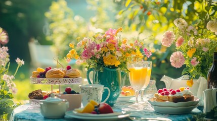 A beautiful outdoor table setting with flowers, fruit, and pastries for a perfect summer brunch.