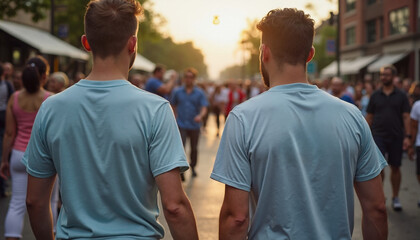 Two Men in Blue Shirts Walking Together Through Crowded Street at Sunset