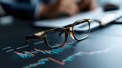 Stylish eyeglasses resting on financial chart with vibrant graphs showcasing market trends and analysis in a professional office setting