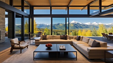 Fototapeta premium Mountain vistas unfold through vast glass windows, blending luxury interiors with nature’s grandeur in seamless harmony.