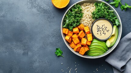Healthy and Colorful Bowl with Quinoa, Sweet Potato, Kale, Avocado, and Tahini Sauce on a Modern Gray Surface for Nutritional Recipes and Healthy Eating Ideas