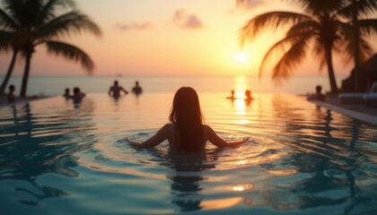Fototapeta premium A group of people enjoys a serene moment in an infinity pool as the sun sets over a tropical beach. The scene captures relaxation, luxury, and the beauty of a tropical getaway.