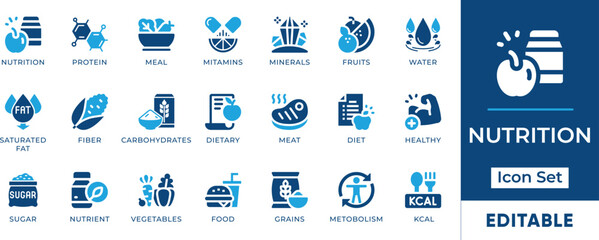 Nutrition Icon Set. Features editable icons for food symbols, diet, health, vitamins, minerals, and more. Perfect for nutrition, health, and fitness designs.