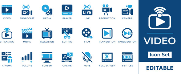 Video Icon Set. Features editable icons for video production symbols, streaming, editing, filming, and more. Perfect for media, entertainment, and broadcasting designs.