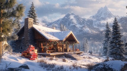 Serene Winter Cabin in the Snowy Mountain Landscape