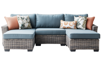Sectional outdoor patio gray sofa with blue cushions isolated on transparent background