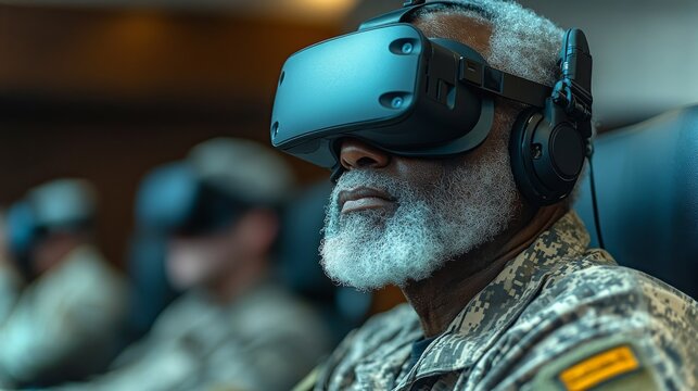 Veteran engages with virtual reality technology in a classroom setting to enhance learning