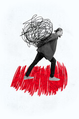 Vertical photo collage of dissatisfied businessman carry scribble mess mental trauma workload...