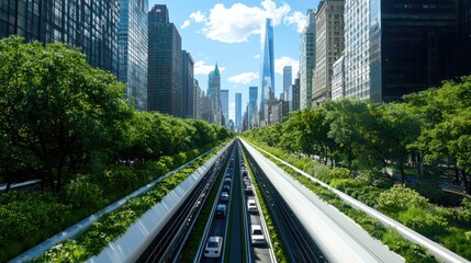 Fototapeta premium Futuristic Urban Landscape with Elevated Train, Lush Greenery, and Skyscrapers Under Bright Blue Sky in a Modern City Setting