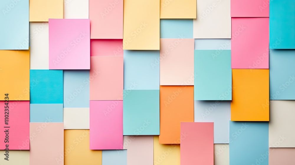 Poster colorful paper sheets in various tones and textures arranged in a stylish pattern for creative backg