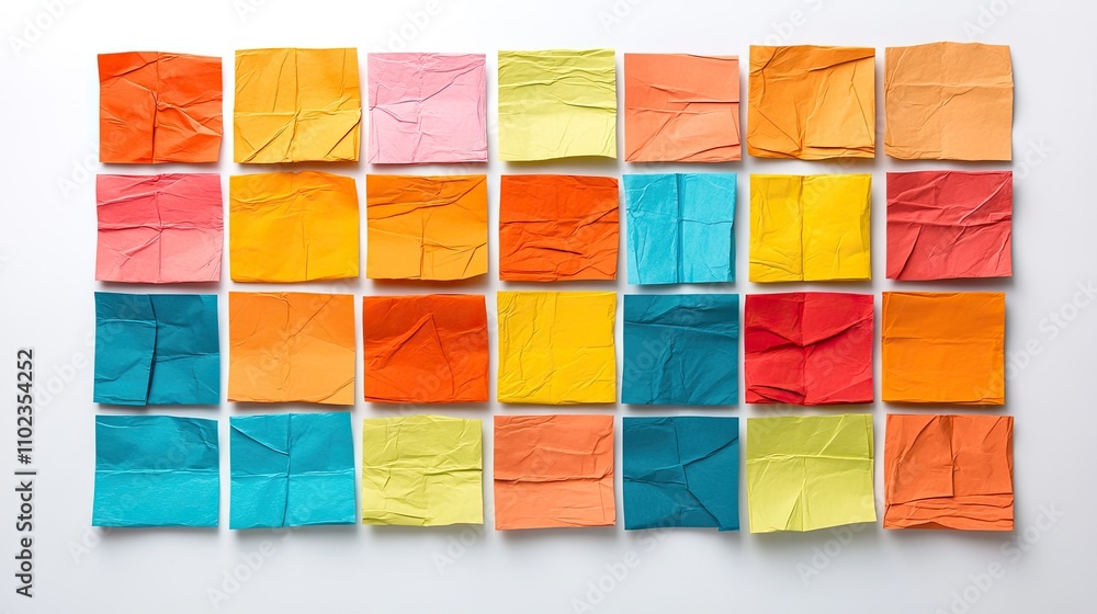 Poster colorful crumpled sticky notes arranged in a grid pattern on a white surface for creative inspiratio