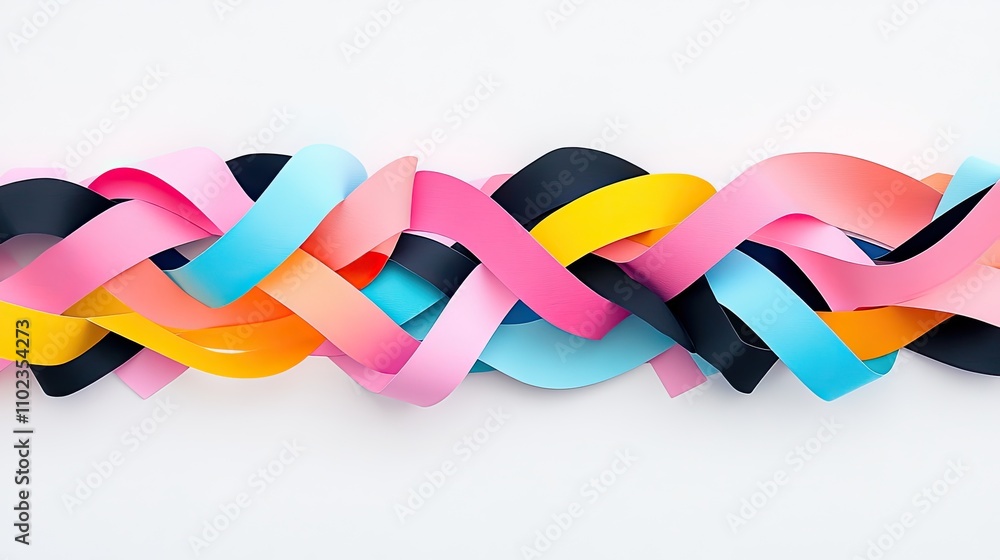 Poster colorful interwoven ribbons on a light background, showcasing bright colors and abstract patterns cr