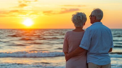 Senior couple embracing while watching ocean sunset