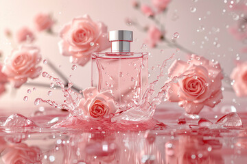 perfume and rose petals. perfume bottle, roses, petals in splash. glass perfume bottle and perfume on the golden background. Present for wedding, Valentines, birthday for women. AI Generated