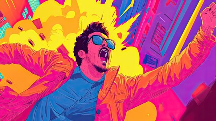Vibrant Urban Escape: A Young Man in Sunglasses Shouting Amidst Explosive Colors and Dynamic City Landscape Showcasing Freedom and Excitement