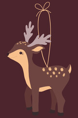 Hand drawn flat cartoon illustration of deer Christmas tree toy on thread with bow. Cute decoration for Christmas tree isolated on brown background.