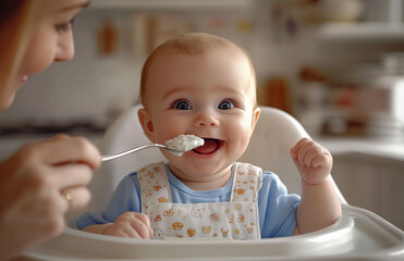  Cute baby sitting in a high chair and being fed by their mother with a spoon