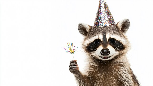 A curious raccoon wearing a glittery New Year&rsquo;s hat and holding a tiny party popper, isolated on a white background
