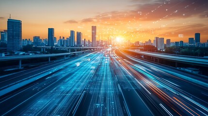 Obraz premium futuristic 3d highway abstract digital binary towers cityscape concept of big data machine learning hyper loop virtual reality high speed random seed aspect ratio 16:9