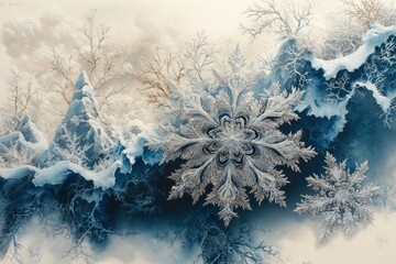 A Winter Landscape Featuring Intricate Snowflakes and Frozen Mountains