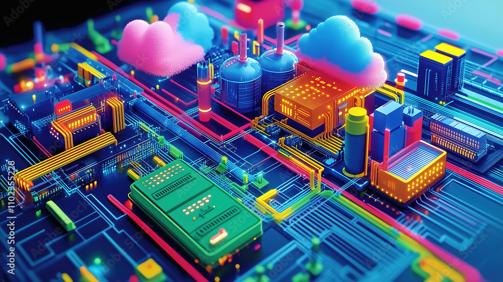 Aufkleber digital cityscape with colorful circuit board design representing technology and innovation in urban