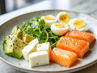 Healthy organic food promoting wellness and fitness with salmon, eggs, avocado, and cheese