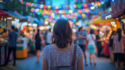 Obraz premium Woman Enjoys Vibrant Market Scene Under Colorful Lights at Night