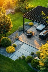 Modern Black Pergola on an Outdoor Patio with Teak Flooring and Lounge Chairs in a Backyard.