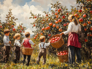 Children Picking Apples in an Orchard